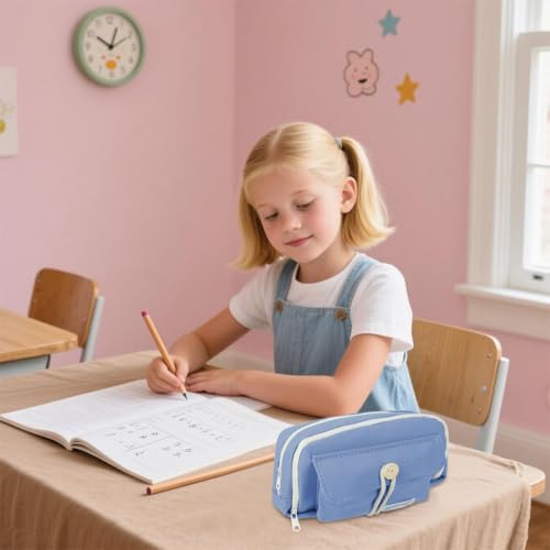Image of Canvas School Bag Pencil Case, 3 Layer 6 Compartment Large Capacity, Aesthetic Pencil Pouch for Stationary, Cute Stationery for Kids, Pencil Case for Girls & Boys (Our Timer Blue)