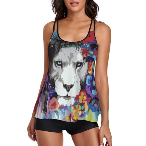 Robe de plage tankini haut de gamme motif lion coloré et short chic pour femme