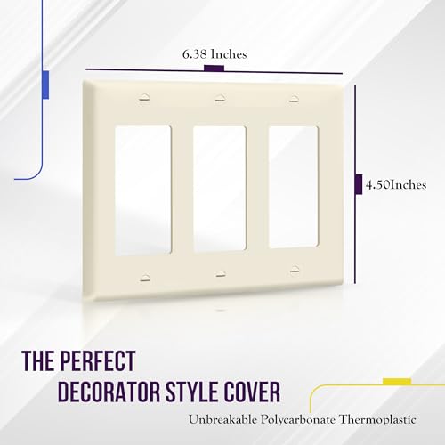Image of ENERLITES Decorator Light Switch or Receptacle Outlet Wall Plate, Gloss Finish, Size 3-Gang 4.50 inch x 6.38 inch, Polycarbonate Thermoplastic, 8833-LA, Light Almond