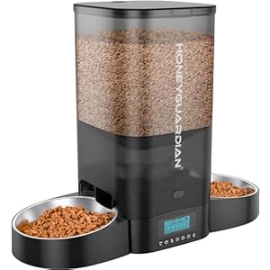 HoneyGuaridan Comedero Gato Automatico Doble, Dispensar Uniformemente, 5L Dispensador Comida Gatos y Perros con Grabación 10s en Diseño Sellado – hasta 6 Comidas al Día (Cuencos de Acero Inoxidable)