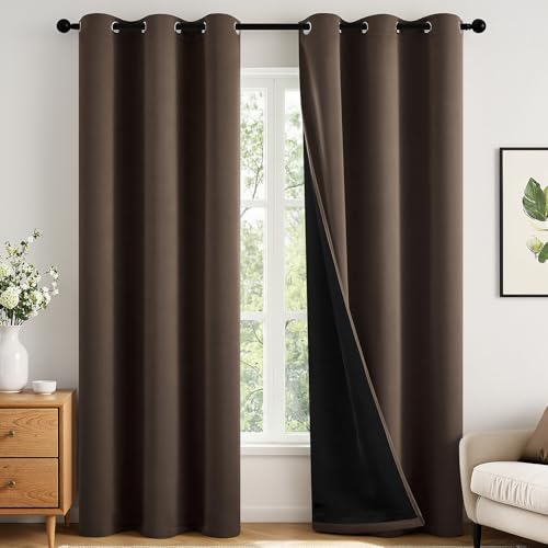 Image of MIULEE Chocolate Brown 100% Blackout Curtains for Bedroom 96 Inch Long | 2 Thick Layers Thermal Insulated Window Curtains with Black Liner, Noise Reducing Grommet, Drapes for Living Room, 2 Panels