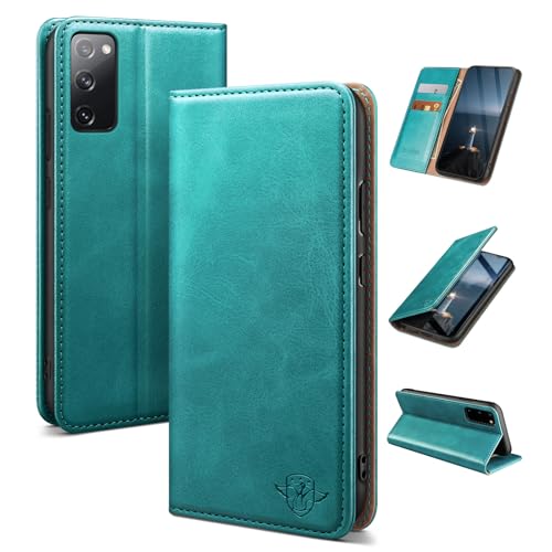 Housse Samsung S20 FE magnétique antichoc et étui portefeuille cuir bleu vert