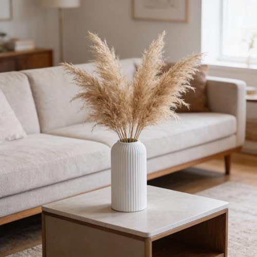 Image of White Ribbed Ceramic Flower Vase 6 Inch Matte Pampas Grass & Dried Flower Vase for Home & Office Table Decor Decorative Centerpiece Gift - Vase Only