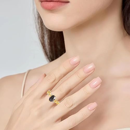 Natural Black Rutilated Quartz Ring for Women: 925 Sterling Silver 1.5CT Oval Cut Art Deco Leaf Vines Gemstone Engagement Rings, Bridal Promise for Her4