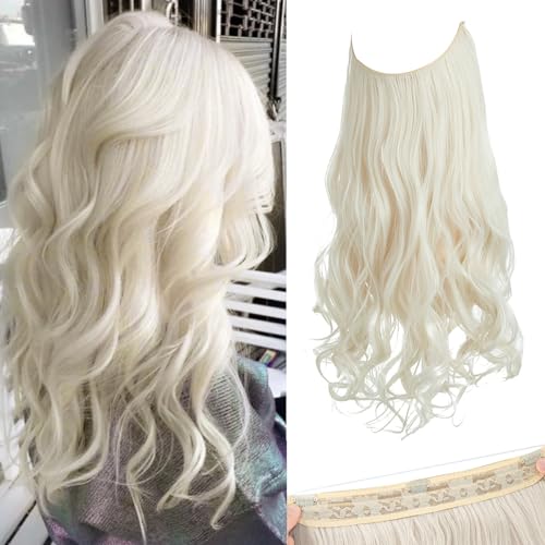 Image of SARLA 14 inch Wavy 4.3oz Synthetic Wavy Halo Hair Extension Natural Hairpieces No Clip No Glue No Tape Size can be adjusted (M04, 60 platinum blonde)