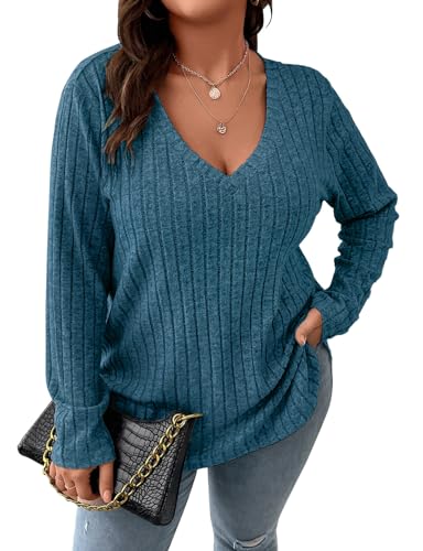 Image of Koscacy Women Plus Size Casual Knit Sweater V Neck Solid Color Tops Lightweight Long Sleeve Blouses