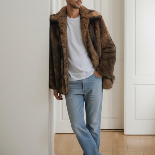 Image of Colf Men's Winter Parka Coat Lapel Faux Fur Jacket | Mens Faux Fur Coat, Long Sleeve, Fluffy Overcoat, Winter Jacket