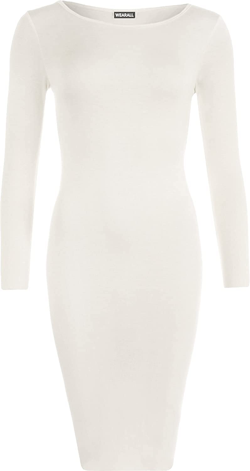 WearAll Womens Plus Size Plain Long Sleeve Bodycon Ladies Stretch Midi Dress - Cream - 20-22