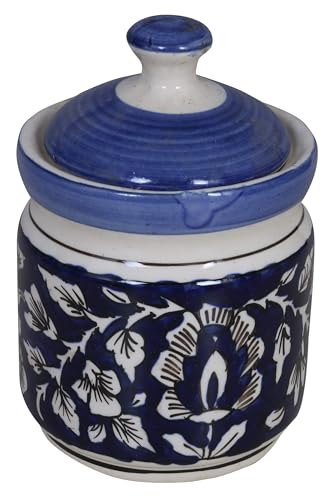 Image of Ceramic Corinchon Storage Jar Container with Lid - Pottery Dry Food Storage Canister Color - Blue, Cornichon Jar - Size: 11x11x12 cm, Capacity-500 Gram