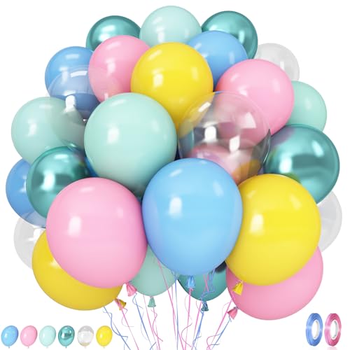 Image of Colorful Cartoon Shark Balloons, 60PCS Pastel Pink Green Blue Yellow Clear Metallic Dark Green Latex Balloons for Ocean Baby Shower Under the Sea Birthday Theme Party Decorations Supplies