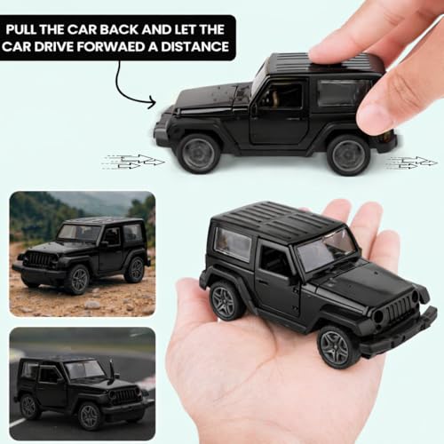Image of Thar Diecast Matel Toy Car For Kids 1:32 Scale with Pull Back Action | Openable Doors Mini Jeep SUV Model Vehicle with Lights & Sound | Collectible Toy Car Gift for Kids Boys Girls 3+ Die Cast (Black)