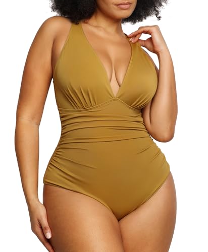 SHAPELLX Tummy Control Swimsuits for Women Shapewear Bathing Suit Shaping Swimsuit One Piece Swimwear Yellow Large