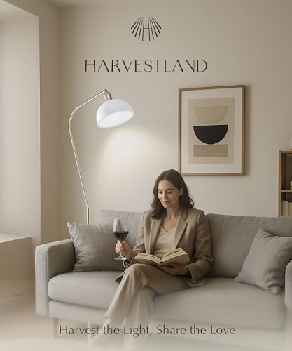 Image of HarvestLand Halo Brass Floor Reading Lamp - Adjustable Pharmacy Floor Lamp with Solid Base, Reading Lamps Floor Standing, White Floor Lamp for Living Room or Over Chair Use, Bedroom, Antique Decor