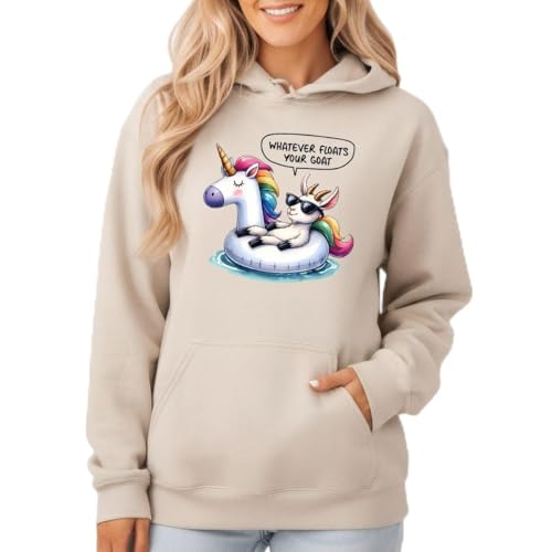 Sassy Souls Whatever Floats Your Goat Pun Humor Animal Womens Graphic Hoodie Sweatshirt Ladies Pullover Hoody For Her M (12-14) Sand