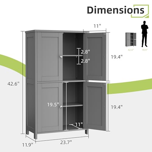 Image of Vongrasig Bathroom Storage Cabinet, Small Bathroom Floor Cabinet with 4 Doors and Adjustable Shelves, Freestanding Modern Cabinet for Bathroom, Kitchen, Living Room, Entryway, Grey