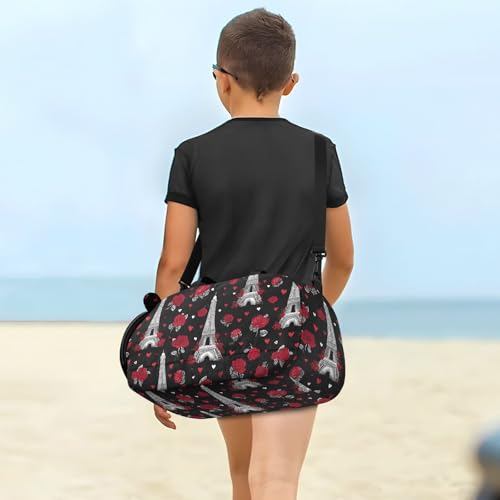 Duffle Bag for Boys or Girls with Shoes Compartment, Eiffel Tower Rose Sports Travel Bag Overnight4