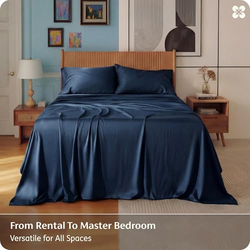 Image of Bedsure Queen Sheet Set, Rayon Derived from Bamboo, Cooling Sheets, PureWoven, Breathable & Soft, Deep Pocket Up to 16 Inches, Hotel Luxury Silky Bedding for Hot Sleepers, Navy