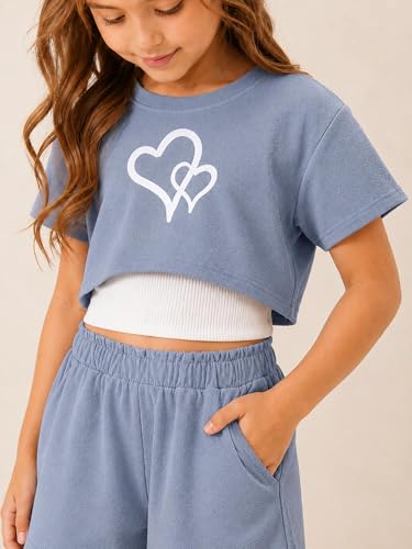 Image of Girl's Summer 3 Piece Outfits Graphic Short Sleeve Crop Top Cami and Shorts Clothes Set