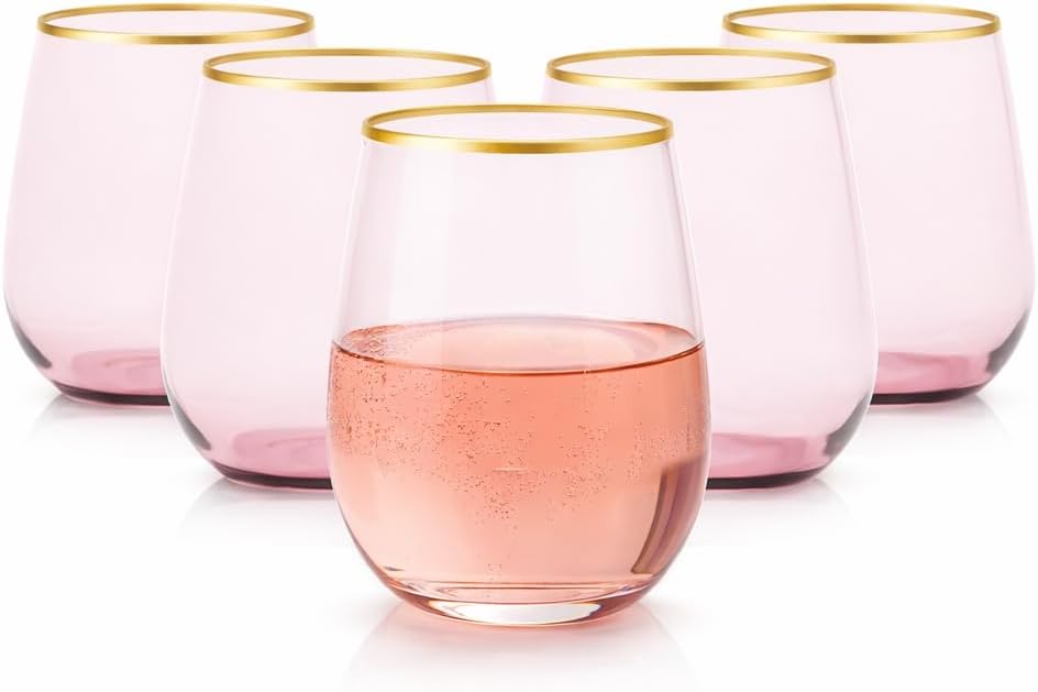 Oojami 40 count Unbreakable Stemless Plastic Wine Champagne Whiskey Glasses Elegant Durable Disposable Indoor Outdoor Ideal for Home, Office, Bars, Wedding, 12 Ounce Cups (Pink Matte Gold)