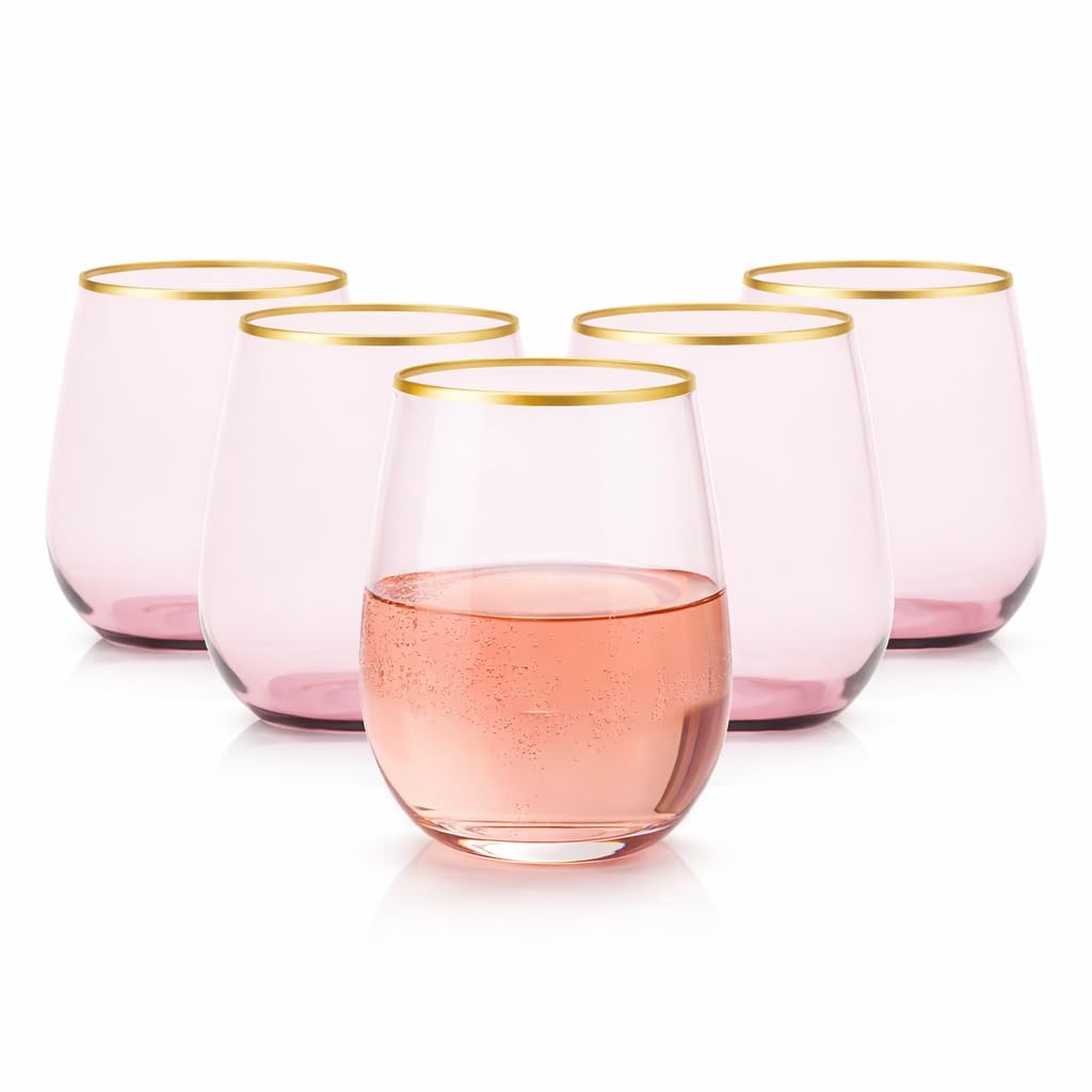 Oojami 40 Pack Diamond Disposable Wine Glasses Stemless 12 oz Pink Gold