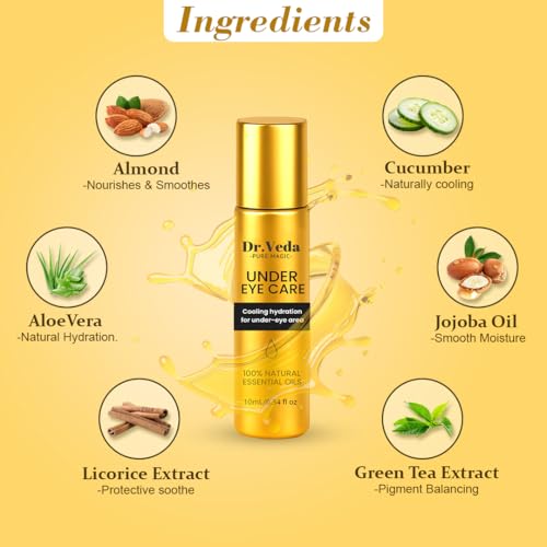 Image of Dr. Veda Under Eye Roll-On Cream for Dark Circles, Puffiness & Fine Lines | Eye Bag Remover | Cooling, Brightening & Hydrating Natural Formula | Anti-Wrinkle | For Men & Women | 10 ml (Pack of 2)