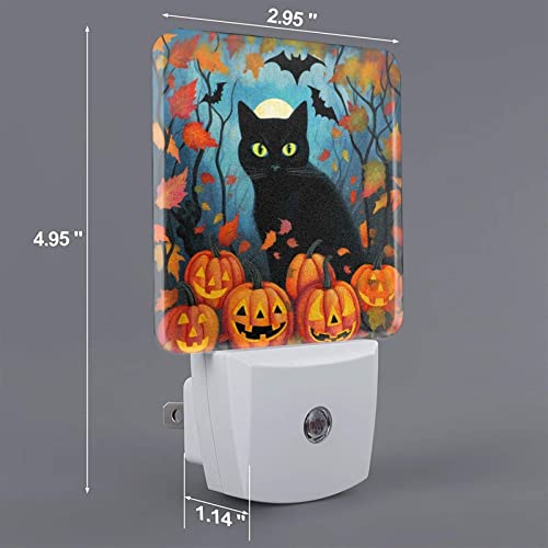 Image of Black Cat Leaves LED Plug-in Night Light 2-Pack, Auto Sensor Emergency Halloween Pumpkin Nightlights Set of 2 for Dawn Bedroom Kitchen /Dusk Bathroom /Night Stairs Hallway Toilet