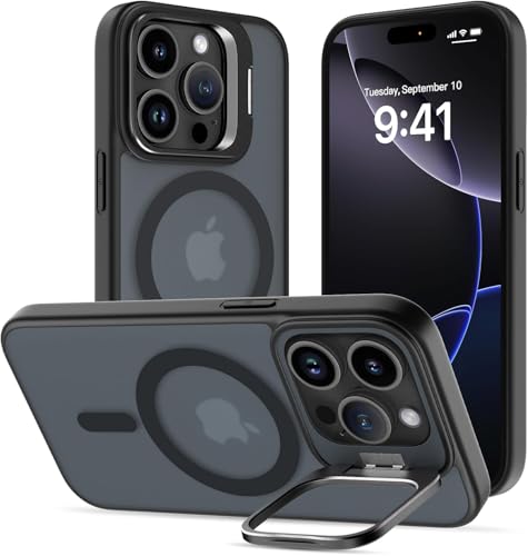 Image of Elzzi PC Kickstand Mag Safe Case For iPhone 16 Pro Max, Built-in Adjustable Camera Stand, Translucent Matte Magnetic Mag-Safe Shockproof Case Phone Cover (Black Titanium)