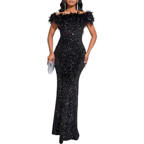 Cololura Women Elegant Sexy Sequin Off Shoulder Mermaid Bodycon Cocktail Evening Party Maxi Dress