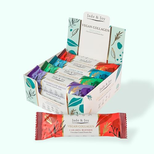 Jade & Joy Collagen Protein Bars, 12 Pack Selection Box, 15g Protein, 2.5g of Plant Collagen, Hyaluronic Acid, Low Sugar, High Fibre, Low Calories, Gluten Free, Dairy Free, Vitamins & Minerals, 12x50g