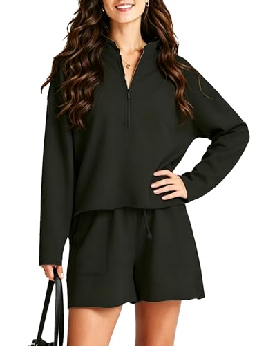 Image of Bozanly Two Piece Outfits for Women Trendy Long Sleeve Tops Shorts Set