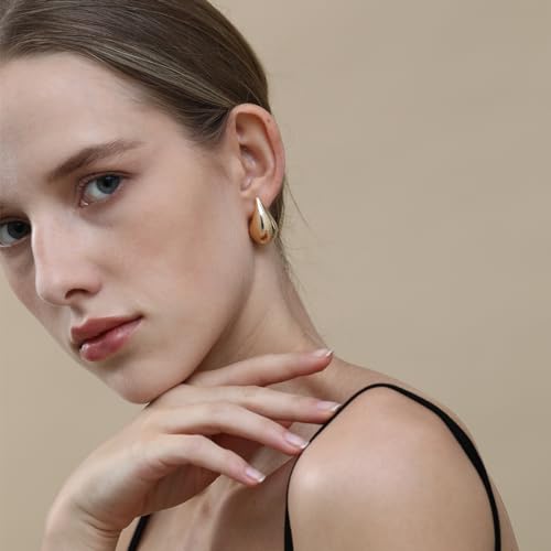 Image of Apsvo Chunky 14K Gold Plated Hoop Earrings for Women, Lightweight Waterdrop Hollow Open Hoops, Hypoallergenic Dupes Earrings