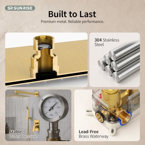 Image of SR SUN RISE Shower Faucet Set 12-Inch Rainfall Shower Head Brushed Gold