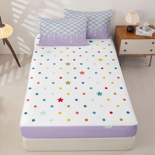 Image of Purple Mint Checkered Full Zipper Comforter Set,Checkerboard Drip 4 Piece Complete Bedding Set Bed in a Bag with Fitted Sheet & Pillowcases,Grunge Aesthetic Modern Geometric for Kids Boys Teen Girls