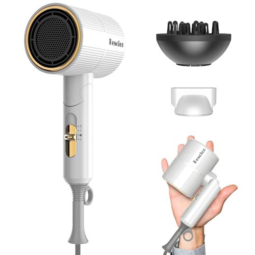 Secador de Pelo Iónico 2000W RESCIEN con Concentrador & Difusor [Pequeño/Plegable /2026NEW - 10 x 7 x 19cm / 250g] Secador de Viaje, Hair Dryer de secado rápido, Secador de salón, silencioso (Blanco)