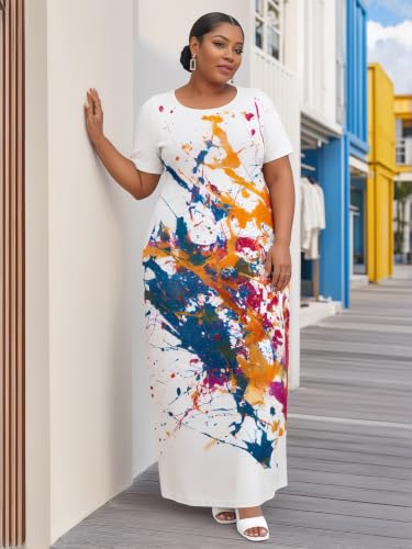 Image of PinkPatty Plus Size Dress for Women Casual Crew Neck Short Sleeve Maxi Dress Oversized Summer Beach Dresses with Pockets