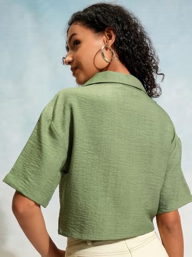 Image of Tokyo Talkies Women's Boxy Shirts | Solid | Short Sleeves | Cuban Collar