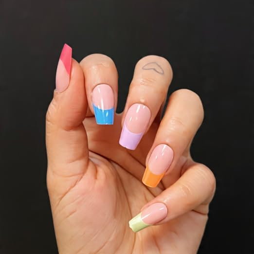 Image of 24 Pcs Reusable Artificial Nails Fake Nails with Glue and Kit|Candy Chick French Pastel French Tip Press On Nails | ABS Material UV Protected Long Lasting Finish | Reusable Customizable Nail Kit |Medium Square Nails