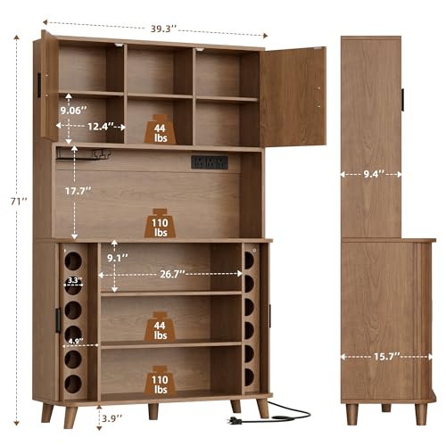 Image of Lulive 71 inch Tall Pantry Cabinet with Rolling & Sliding Doors, 39 inch Wide Kitchen Storage Cabinet with Charging Station and Open Countertop, Modern Kitchen Pantry Cabinet for Dining Room, Walnut