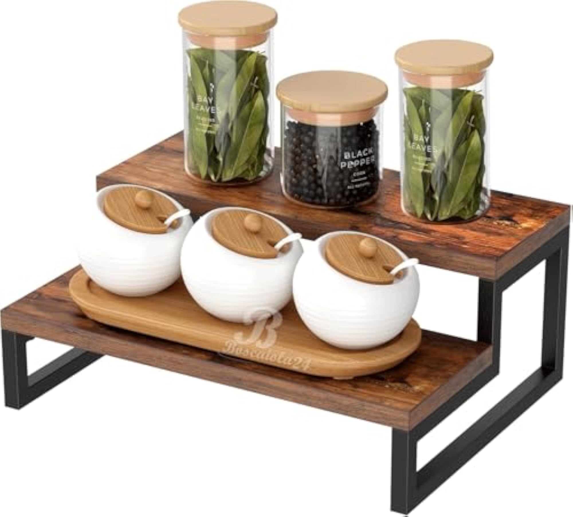 Wooden Countertop Spice Rack Kitchen Organizer, 2-Tier Storage Shelf