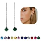 5mm Birthstone Threader Earrings Long Chain Drop Earrings for Women, Hypoallergenic 999 Sterling Silver Cubic Zirconia Pull-Through Dangle Earrings Jewelry Gifts (05 May Emerald Lucky)