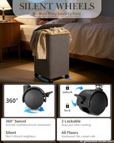 Image of Laundry Hamper with Wheels, 75L Large Clothes Hamper with Removable Inner Bag, Collapsible Dirty Clothes Basket for Dorm, Rolling Dirty Clothes Basket for, Bedroom, Bathroom, Laundry Room