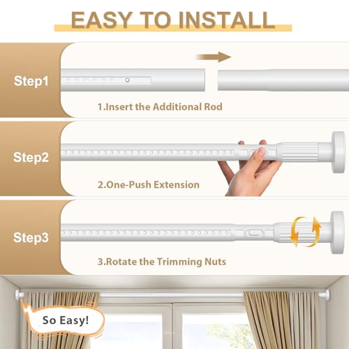 Image of White Tension Curtain Rod 41-126In(4-10Ft), Long Outdoor Curtain Rod No Drilling for Window or Bathroom Patio, Adjustable Heavy Duty Shower Rod,Rod Diameter 1.26In-One-bond stretching