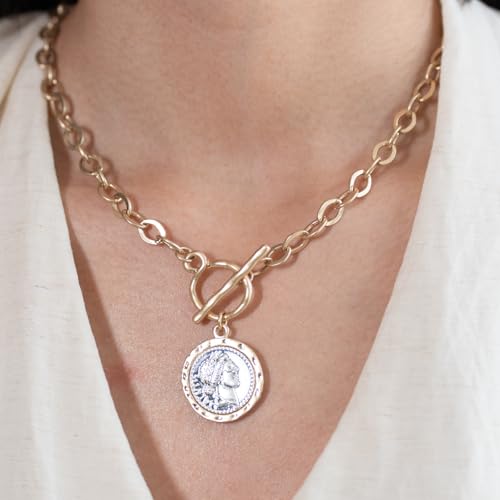 Chunky Coin Fashion Gold Necklace Toggle Antique Gold Plated Roman Coin Necklace for Women 18 Inch Chain Layered Pendant Necklace Jewelry Gift for Women2