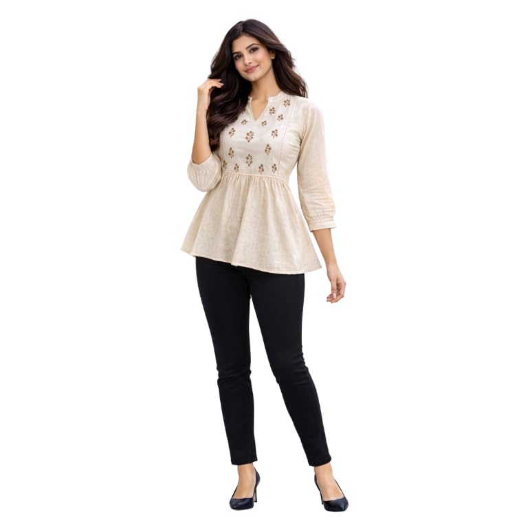 kinfash Women’s Cotton Embroidered Peplum Top | Casual 3/4 Sleeve Summer Tunic-picture-24
