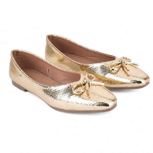 Image of Women's Gold Ballet Flats | Pointed Toe Metallic Dress Shoes with Bow Detail | Comfortable Slip On Flat Shoes for Wedding, Party, Office & Formal Events