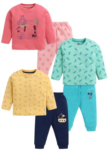 Image of LuvLap Baby Boys 100% Cotton Full Sleeve Boys T-Shirt & Pyjama Sets, Pack Of 3