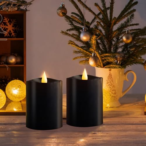 Image of 3x4 Flickering Flameless Candles Set of 2, 2AA Battery Life 600 Hours Battery Candles Flickering with Timer,4 inch Flameless Candles with Remote for Home Wedding Party Halloween Decoration, Black
