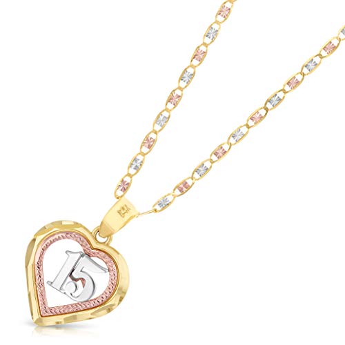 Ioka 14K Tri Color Gold Sweet 15 Years Quinceanera Heart Charm Pendant With 1.5Mm Valentino Chain Necklace - 18" #TOP1