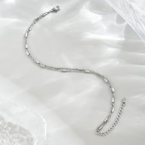 Image of 18K Gold Plated Anklets for Women Dainty Non Tarnish Ankle Bracelets Cuban Link Chain Anklets Layered Heart Beads Rhinestone Anklet Trendy Foot Jewelry