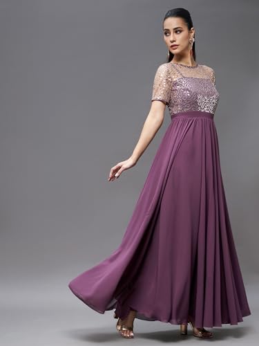 Image of Miss Chase Women's Round Neck Sleeve Embellished Fit Flare Maxi Dress